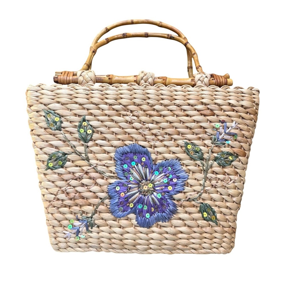 VTG Cappelli Straworld Raffia Tote Bamboo Handle Floral Sequin Cottagecore Bag